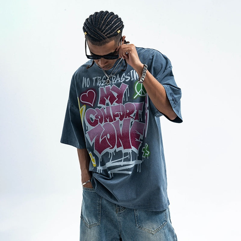 Retro Washed Dyed Distressed Letter Print Short-sleeve T-shirt