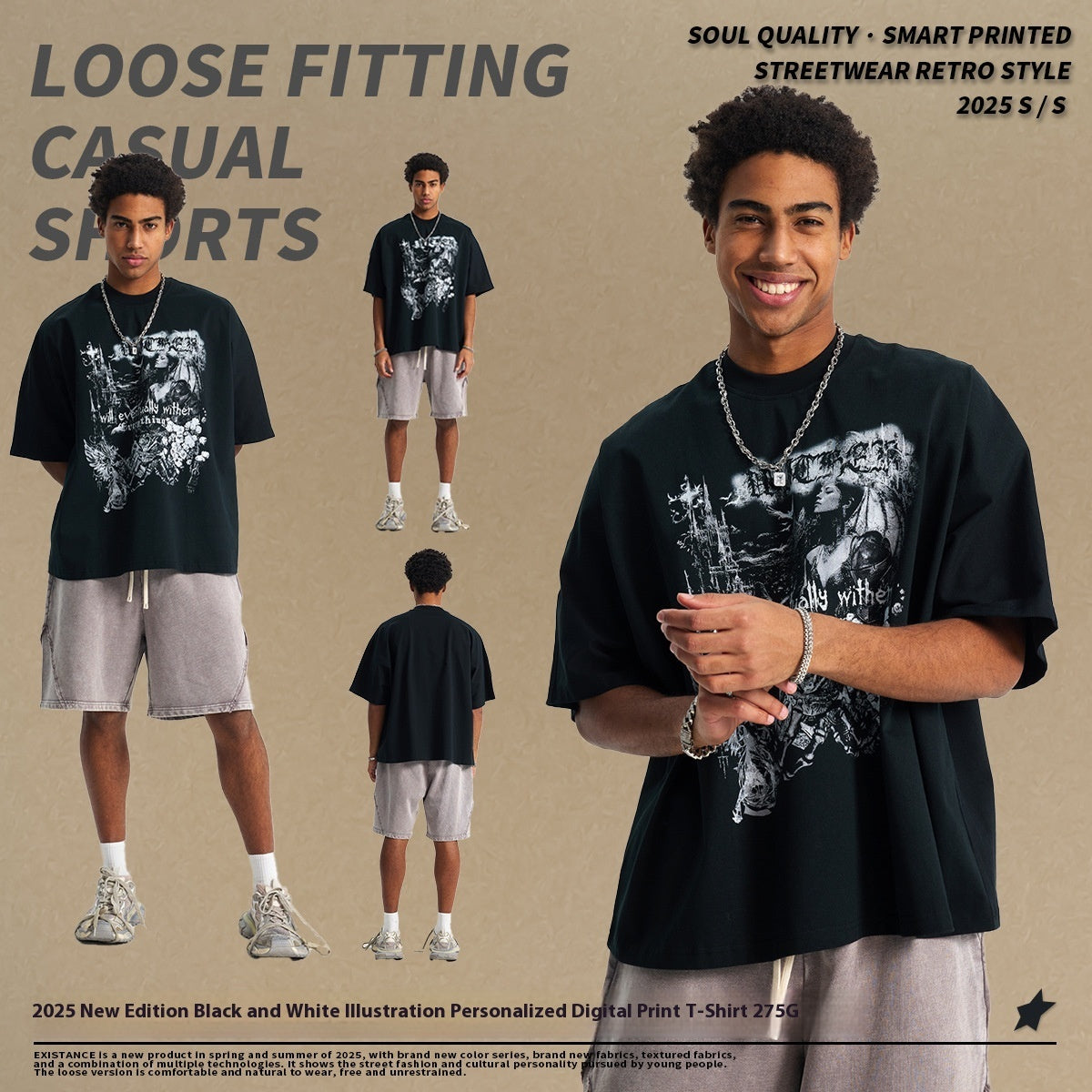 T-shirt imprimé personnalisé avec illustration en noir et blanc pour homme