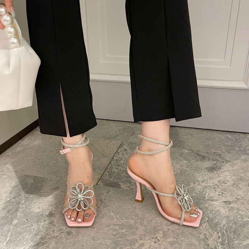 Rhinestone Flower Strap Square Toe High Heels Thick