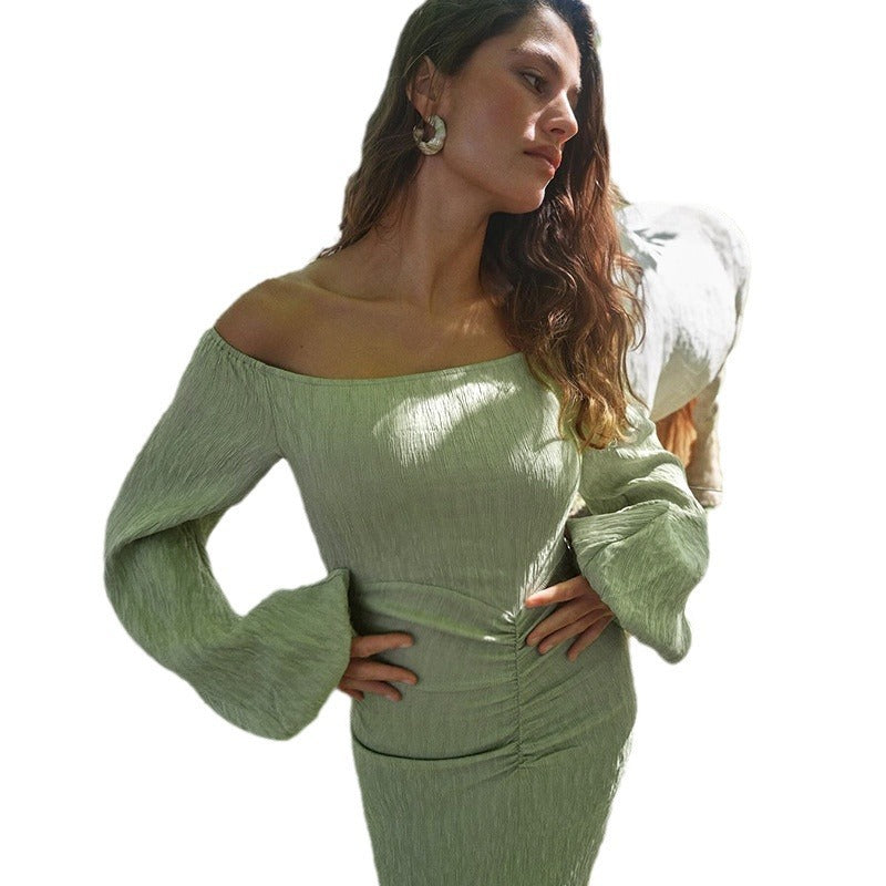 Off-shoulder Waist Pleated Puff Sleeve Dress