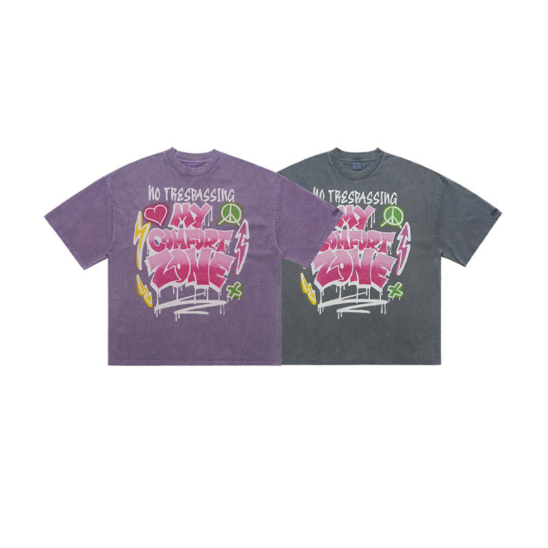 Retro Washed Dyed Distressed Letter Print Short-sleeve T-shirt