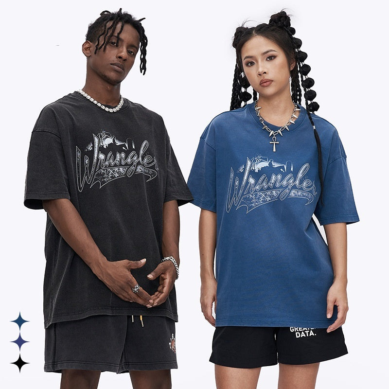 Summer Round Neck Washed Short Sleeve Cotton Retro American Street Loose Printed Fashion Brand T-shirt