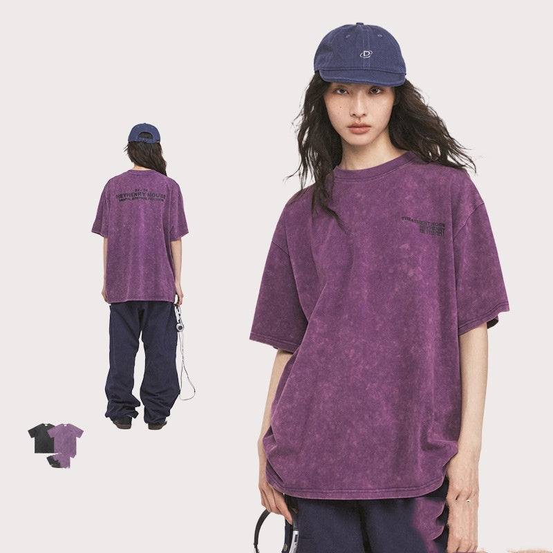 American High Street Retro Distressed Fashion Letters Printed Tatted Washed Short Sleeve