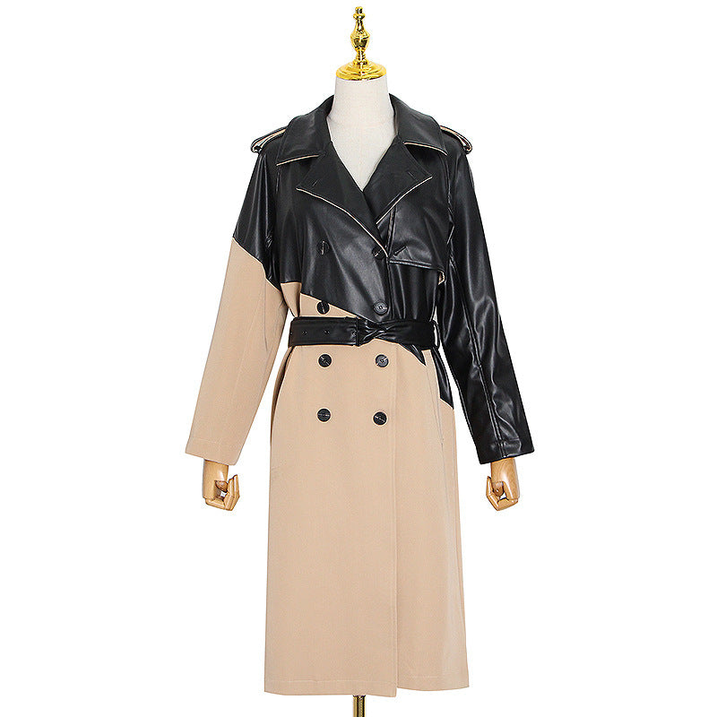 Suit collar stitching leather trench coat over the knee