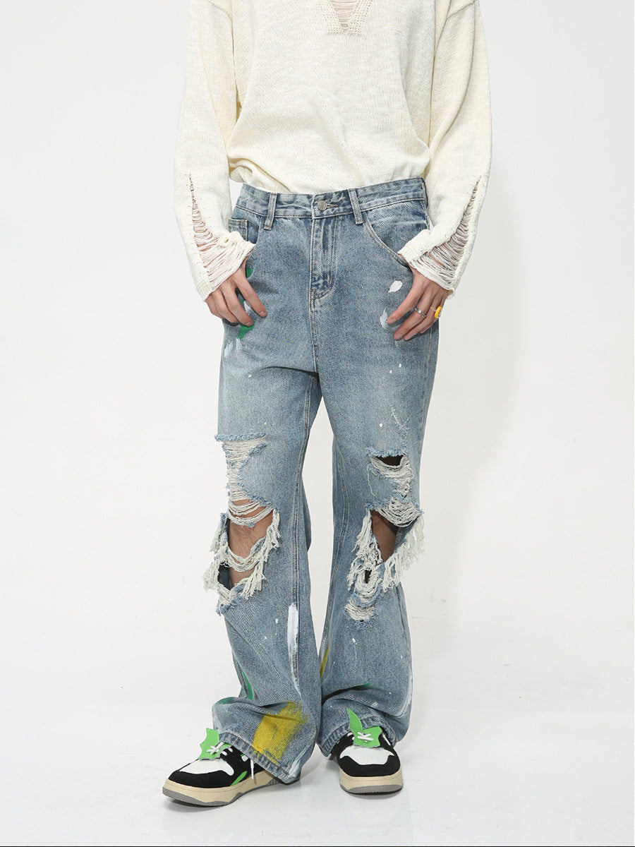 Men's Summer Loose Hole Graffiti Denim Trousers
