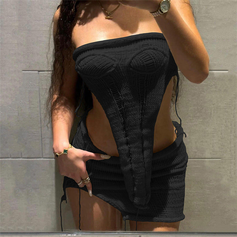 Women's New Knitted Bra Top High Waist Wrap Hip Short Skirt Set