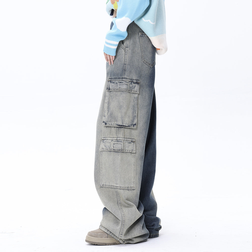 Design Loose Cool Multi-pocket Contrast Color Inkjet Trousers