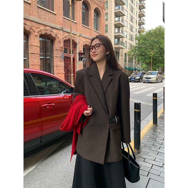 American Style Padded Shoulder Woolen Suit Women's Design Wide Waist-tight Suit Jacket