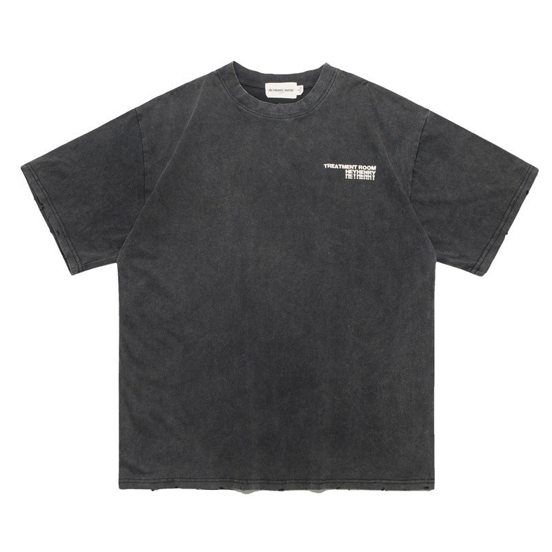 American High Street Retro Distressed Fashion Letters Printed Tatted Washed Short Sleeve