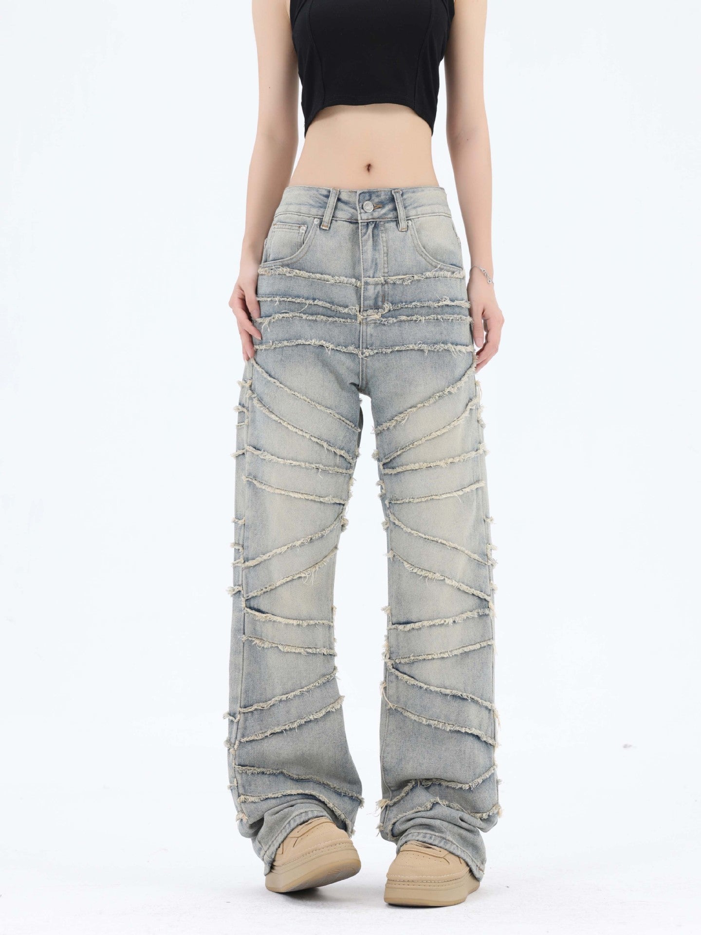 High Street American Washed Distressed Stitching Jeans With Whiskers Men