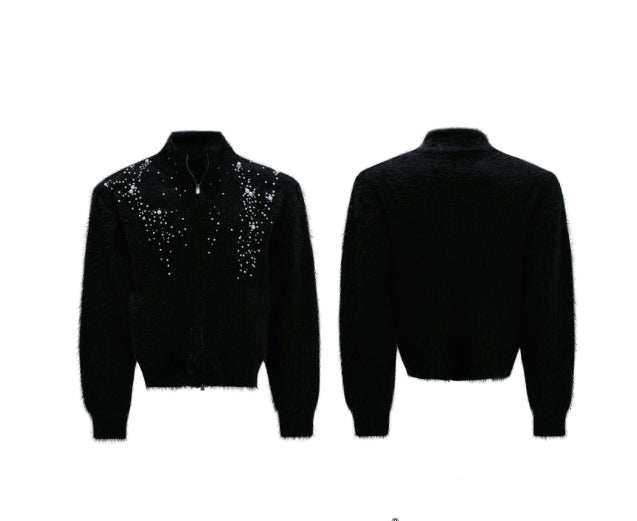 Turtleneck Plush Pearl Embellished Sweater Cardigan