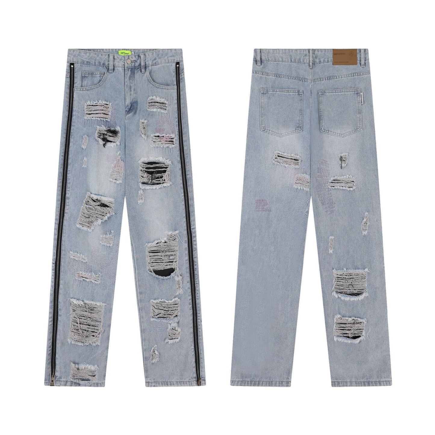 Heavy Industry Zipper Stitching Wash Ripped Straight Jeans