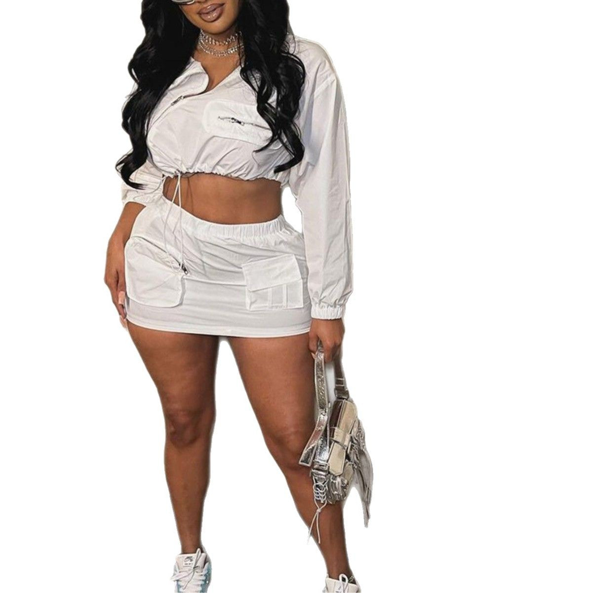 Veste de travail moulante unie à fermeture éclair, coupe sexy, manches longues, jupe taille basse