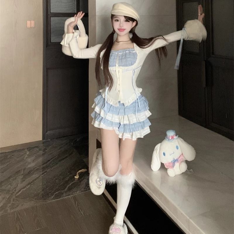 Waist-controlled Top Women's Autumn Tiered Skirt Short Skirt Two-piece Set