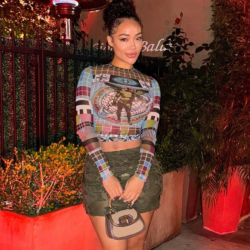 Haut moulant à manches longues et col rond, dévoilant le ventre, pour femme