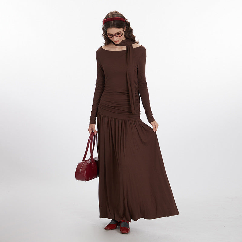 Off-shoulder Collar Dress Women's Spring And Autumn Fitted Waist Pleated Slimming And Long