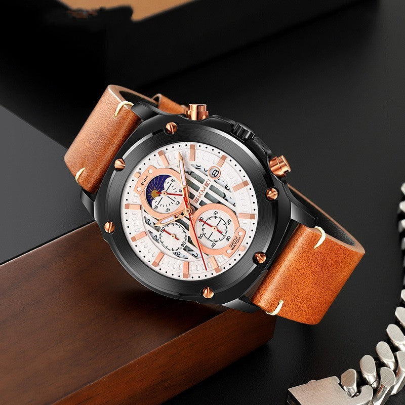 Watch Fashion Trend Men's Leather-belt Watch Three Eyes And Six Needles Quartz Watch