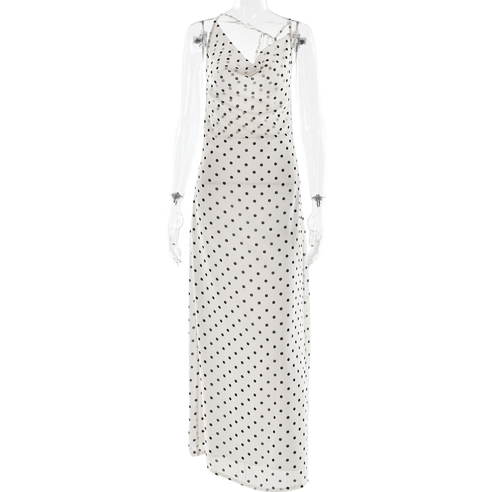 Robe sans manches en mousseline à pois, dos nu et col trapèze