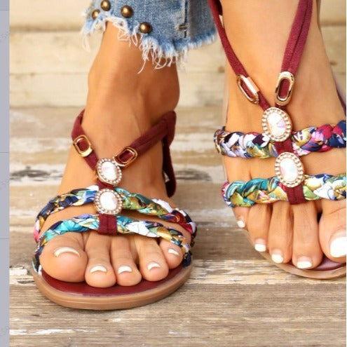 Round Head Woven Fashion Outdoor Sandals Flat Bottom Plus Size