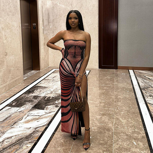Spring Clothing Tube Top Dress High Slit Long Dress