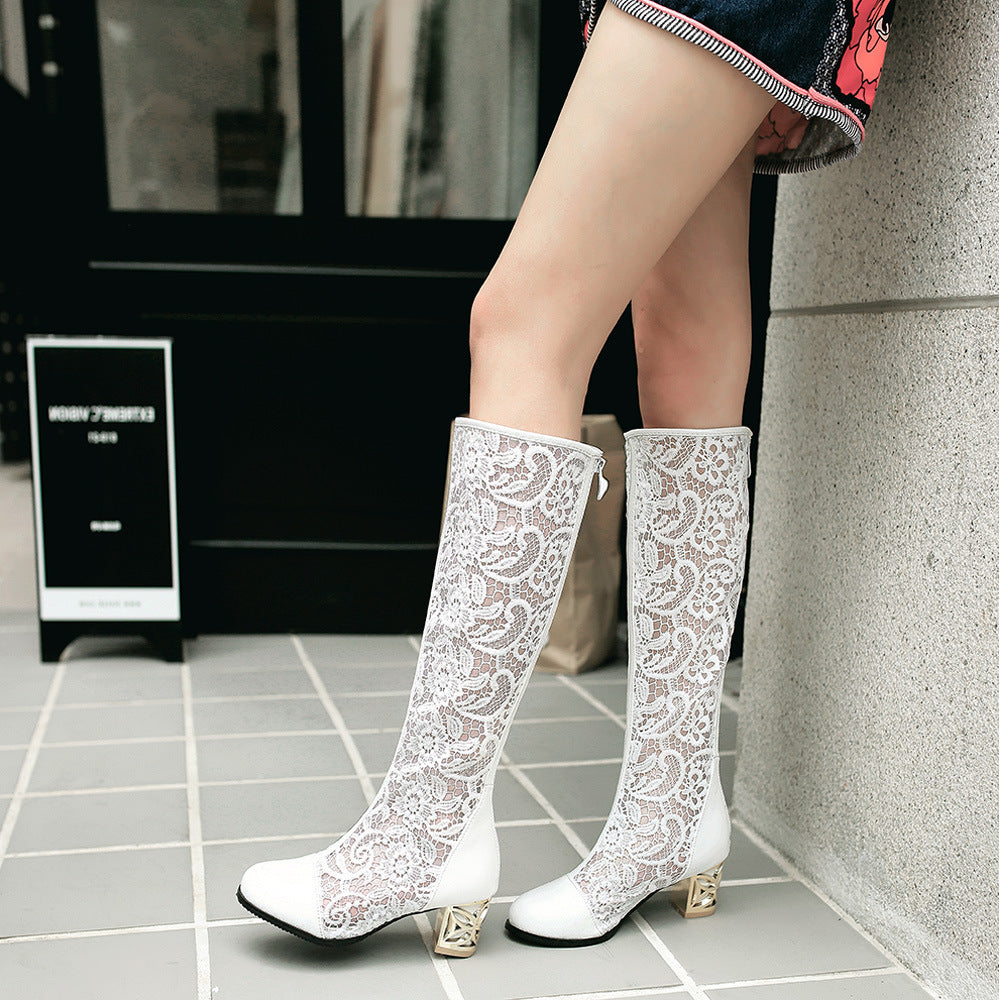 Bottes à bout rond avec coutures en dentelle et fermeture éclair à l'arrière, sandales à talons épais pour femmes