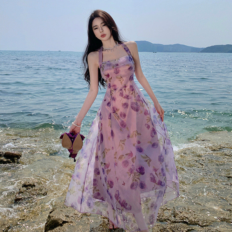 Robe dos nu imprimée à col halter pour femme