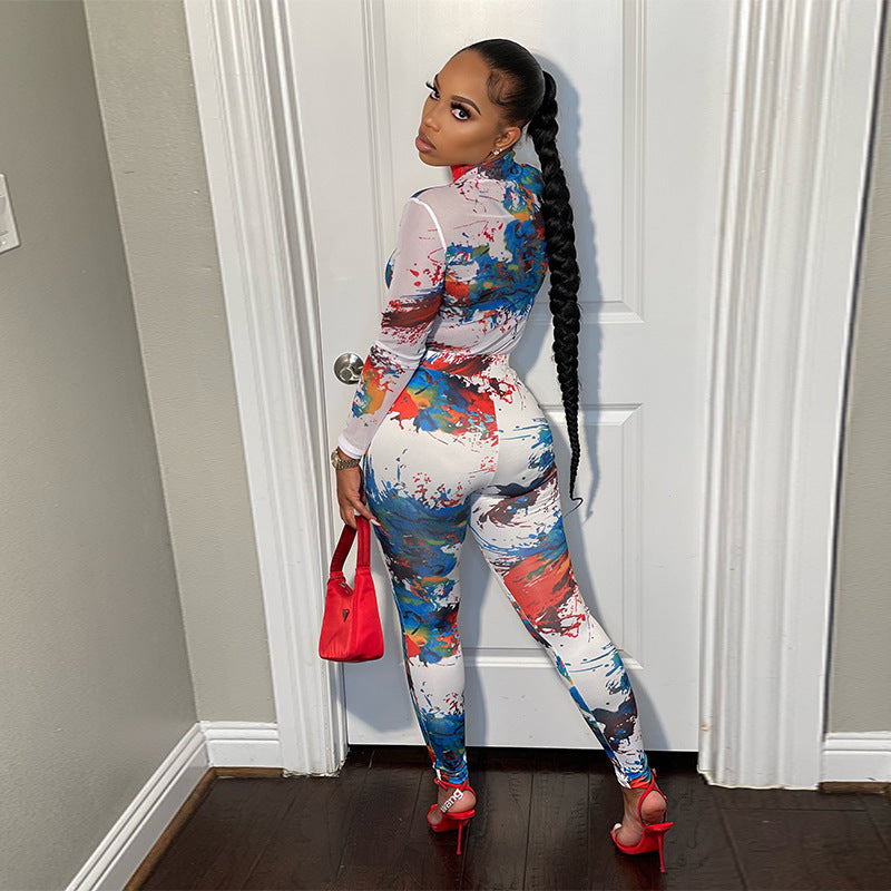 Ensemble décontracté à col roulé imprimé et manches longues, pantalon skinny taille haute