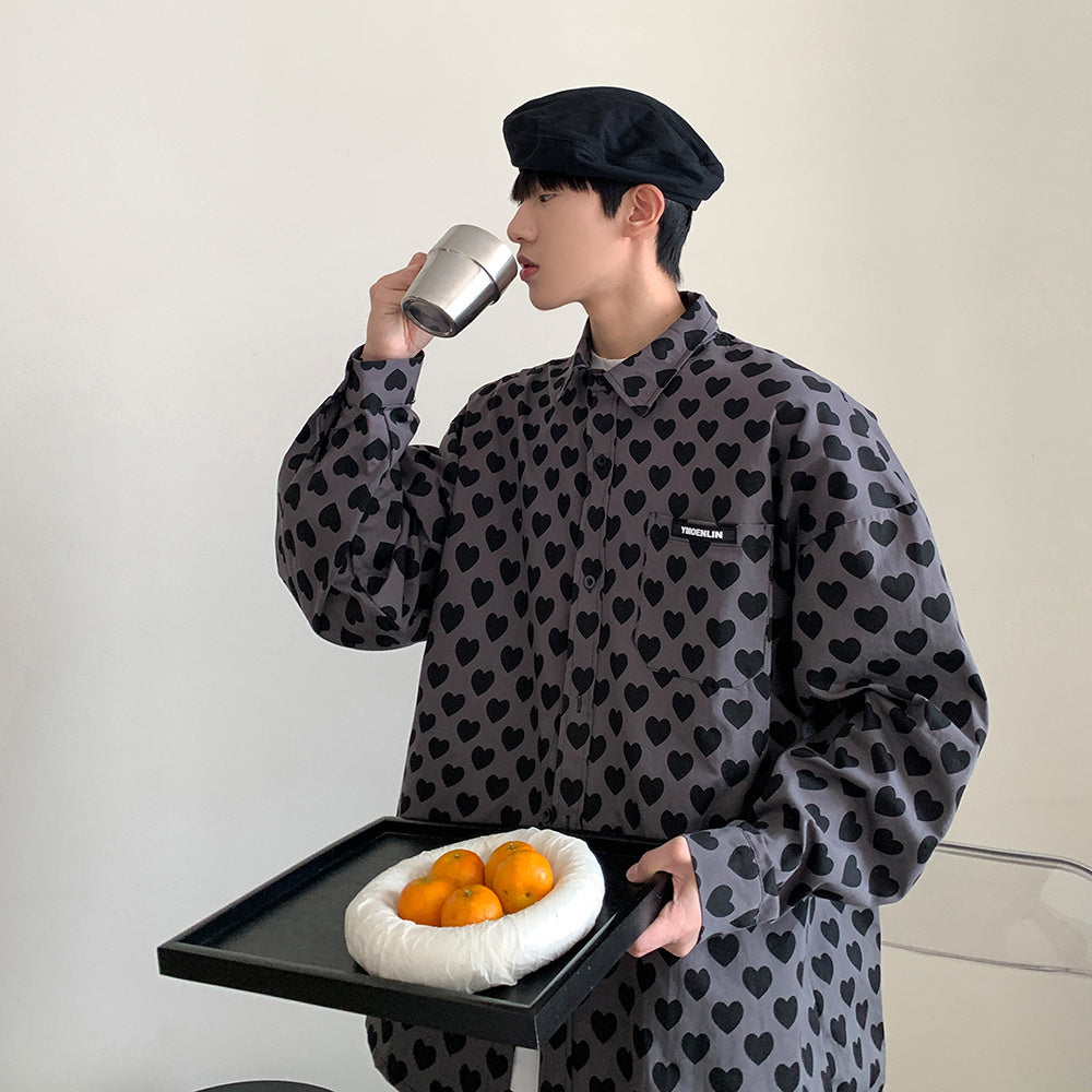 Camicia a maniche lunghe con stampa a cuore, ampia e casual