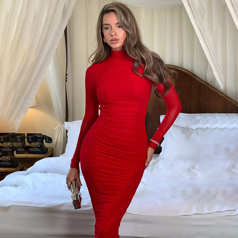 Sexy Mesh Long-sleeve Round-collar Dress
