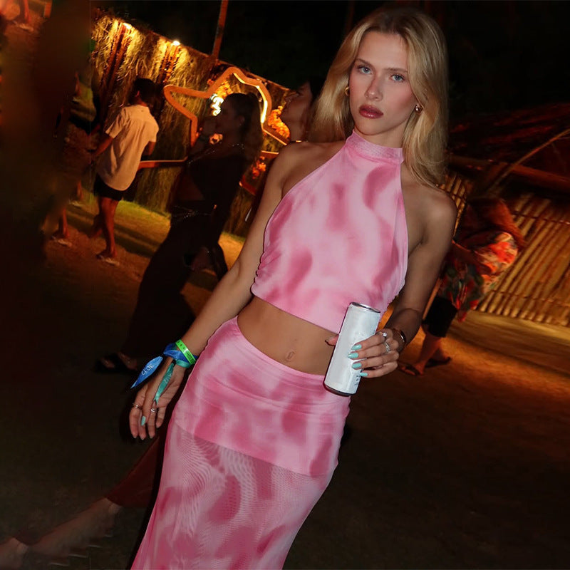 Combinaison sexy dos nu avec jupe en maille imprimée