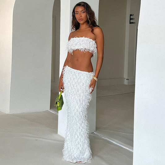 Ensemble jupe-robe transparent européen et américain en maille dos nu avec enveloppement de poitrine