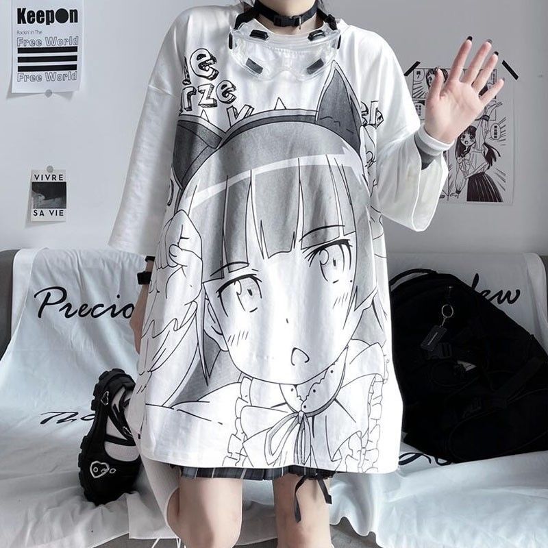 Anime Print Loose White Short Sleeve Top