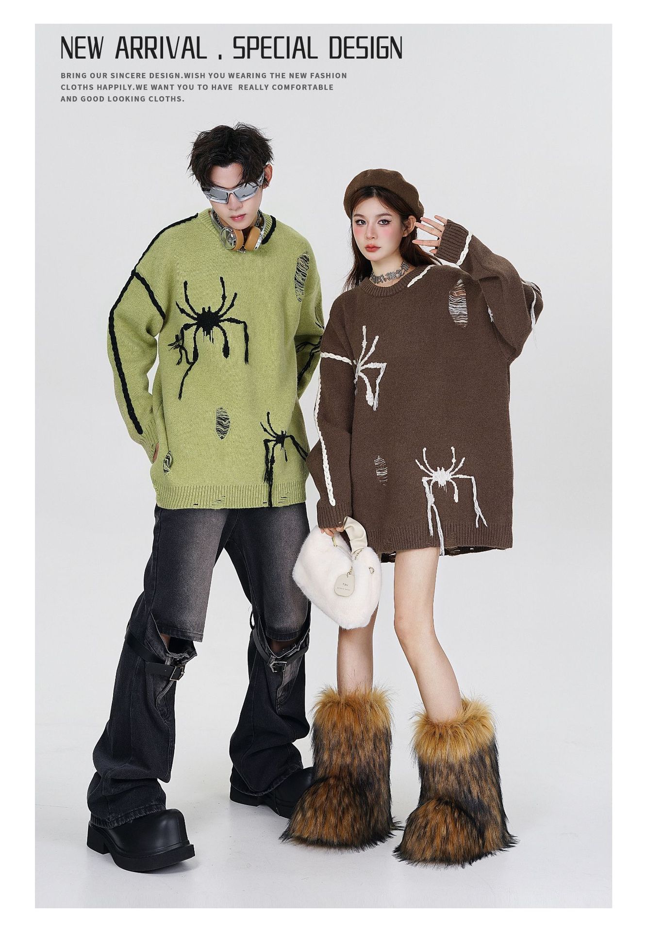 High Street Spider Jacquard Burr Contrast Color Rope Knitted Sweater