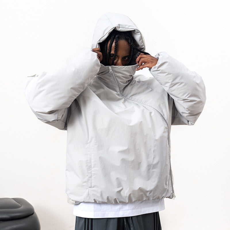 Functional Oblique Zipper Hooded Loose Coat