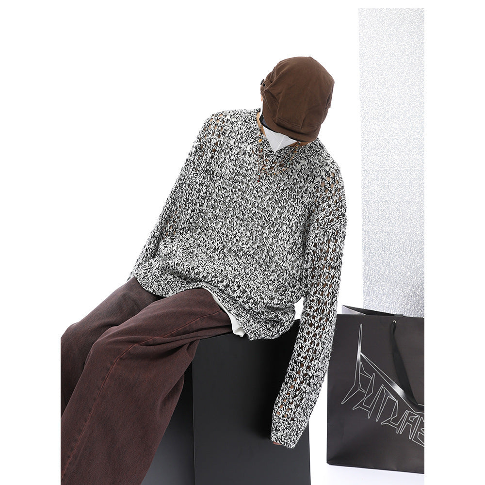 American Show Mixed Color Design Hollow Long Sleeve Sweater