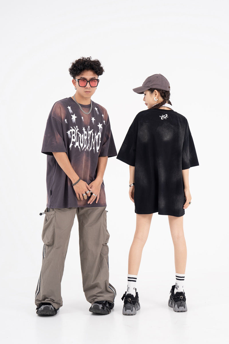 Letter Tie-dye Gradient Short-sleeved T-shirt For Men And Women