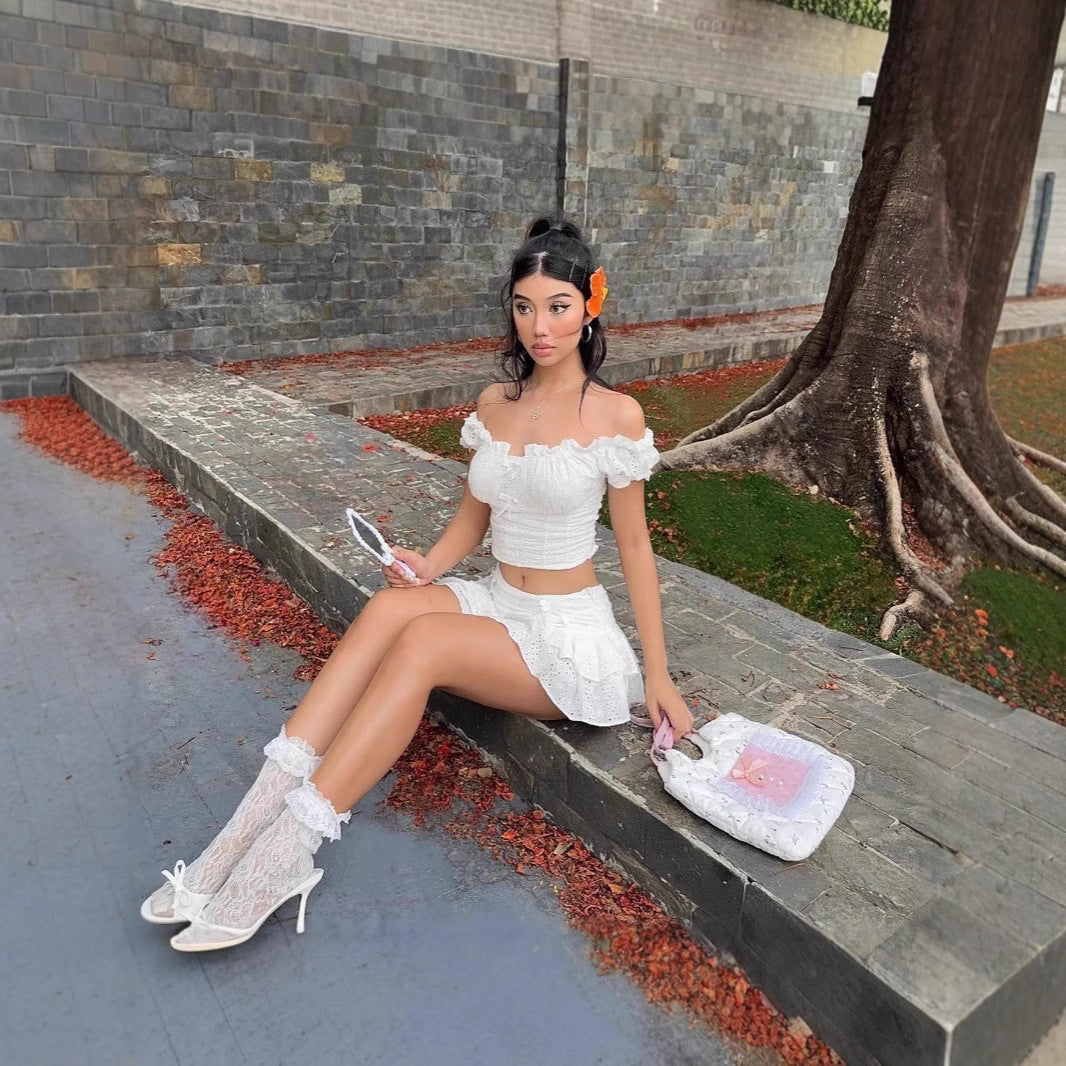 Womens Puff-Sleeve Top And Ruffle Hem Skirt Two-Piece Set