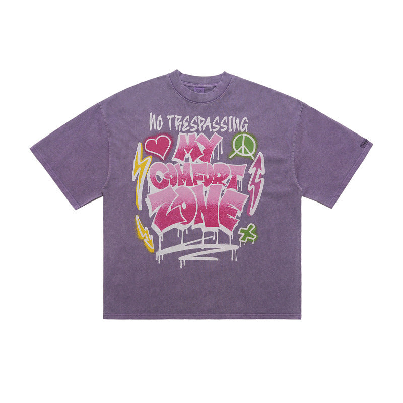 Retro Washed Dyed Distressed Letter Print Short-sleeve T-shirt