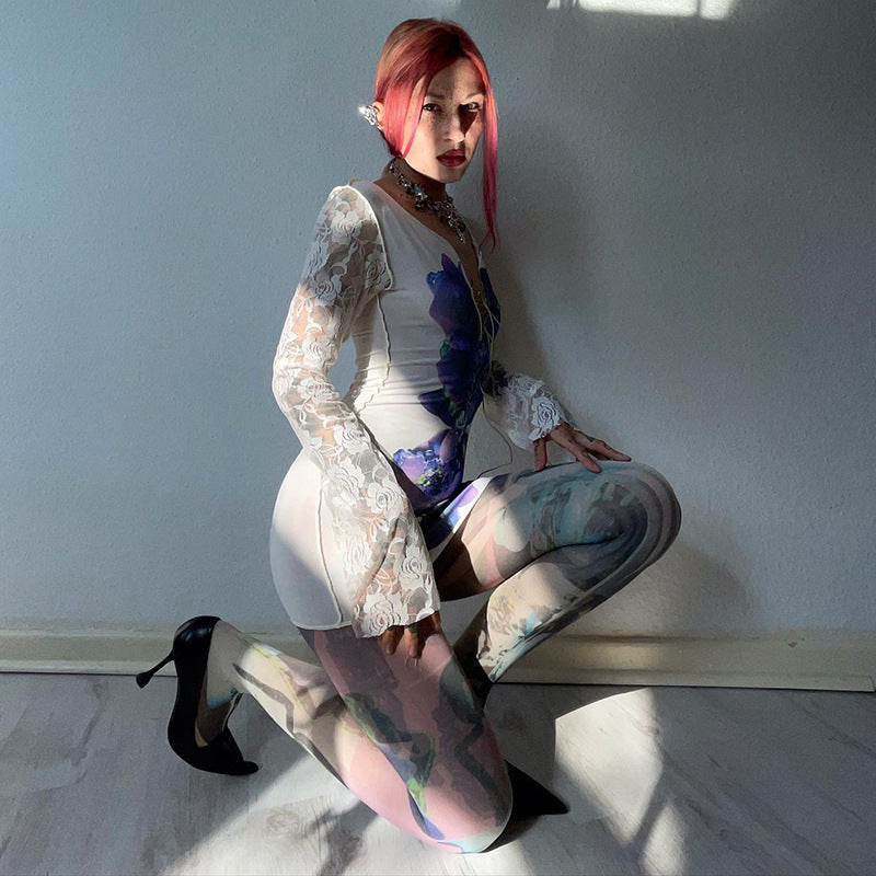 Long-sleeved Printed Lace-up Mesh High-waisted Dress