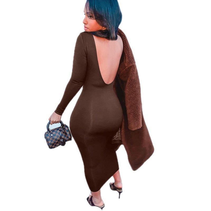Backless Round Neck Long Sleeve Pure Color Tight Sheath Dress