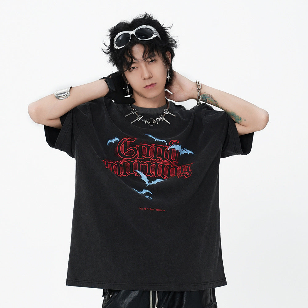 Punk Hip Hop Printed Letter Washed And Worn Short Sleeve T-shirt