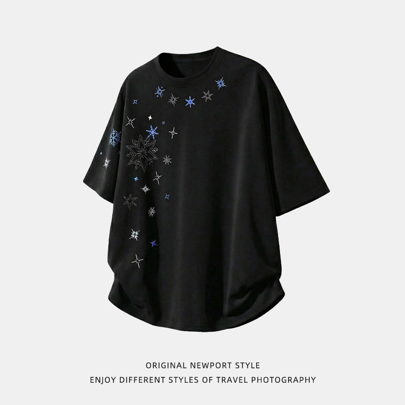 Men's Cotton Loose-Fit Short-Sleeve T-Shirt With Snowflake Print