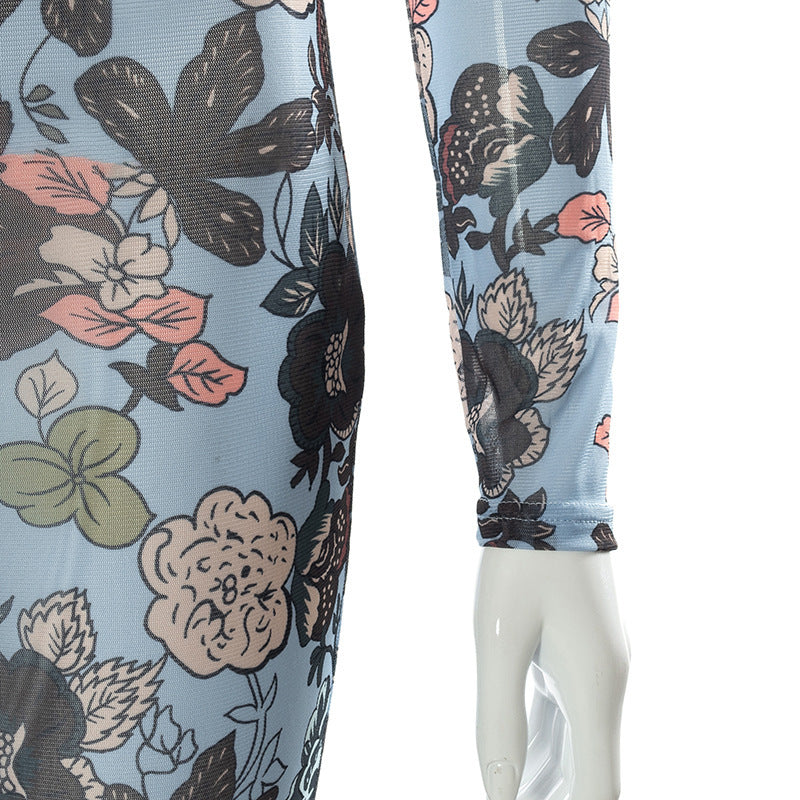 Gloves Sheer Long Sleeve Round Collar Jumpsuit