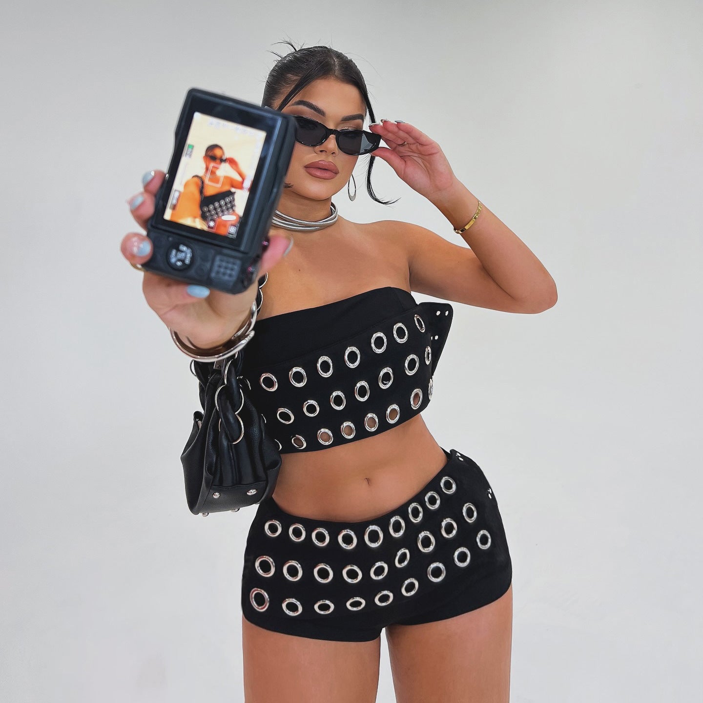 Punk Suit Female Gothic Hollow Tube Top Shorts