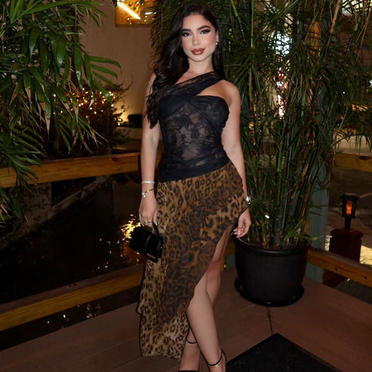 Women's Slim-fit Backless Lace Sheer Waist-cinching Leopard-print Bodycon Dress