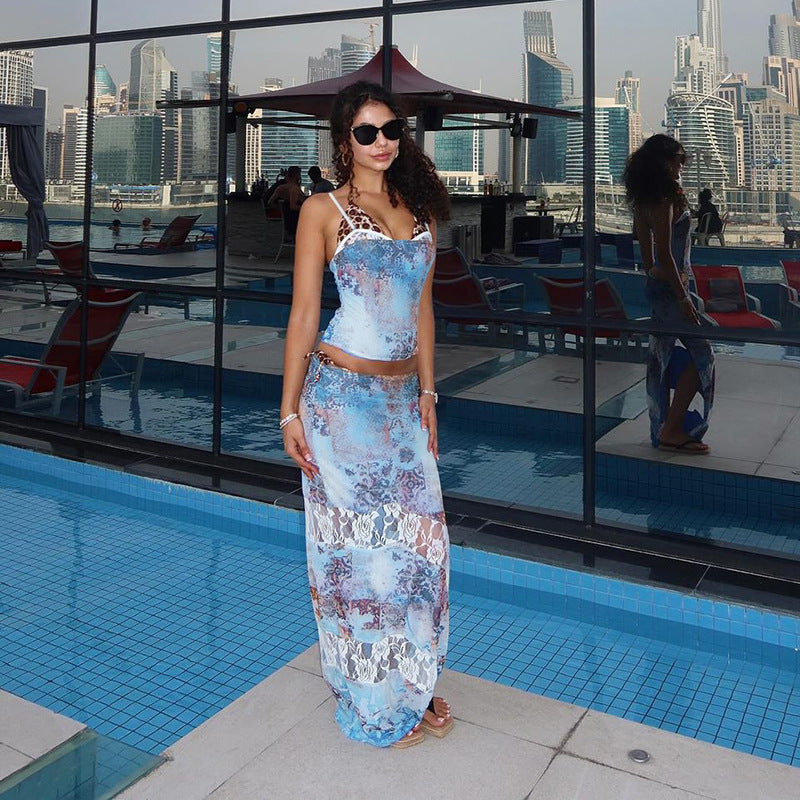 Jupe taille haute fendue en dentelle imprimée pour fille sexy