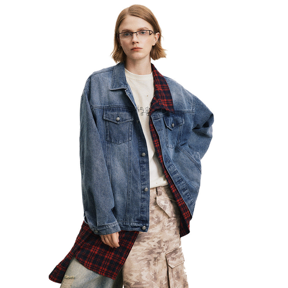 Giacca in denim a due pezzi con cuciture irregolari a quadri