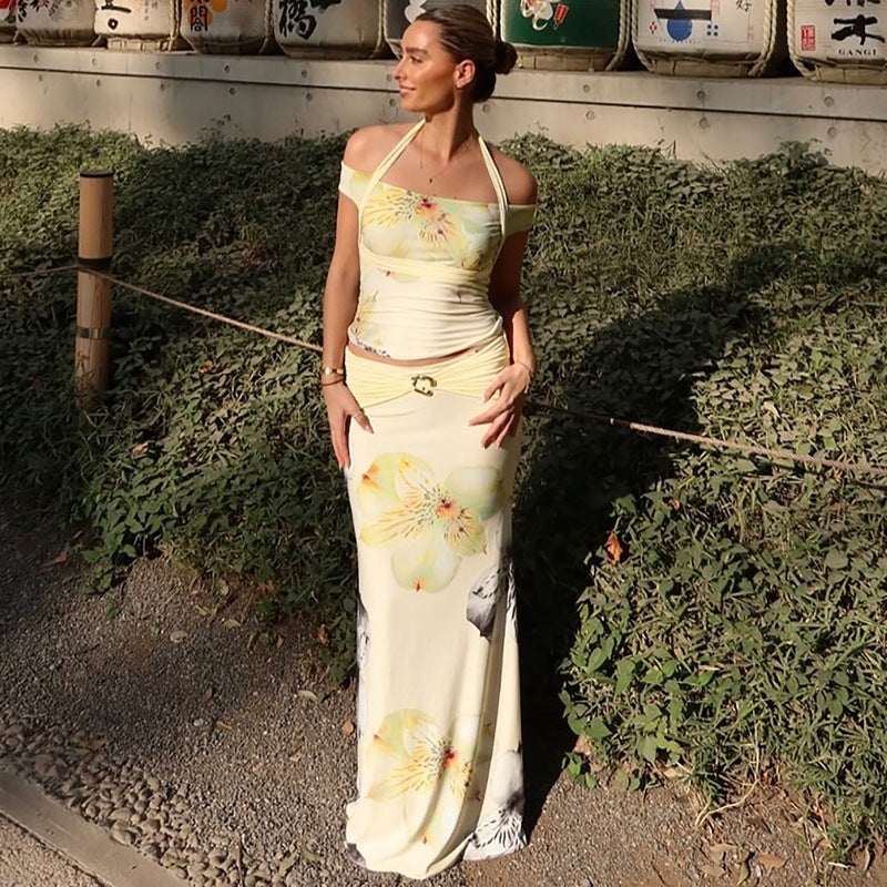 Sexy Backless Halter Top Slim-fit Printed Dress Two-piece Set