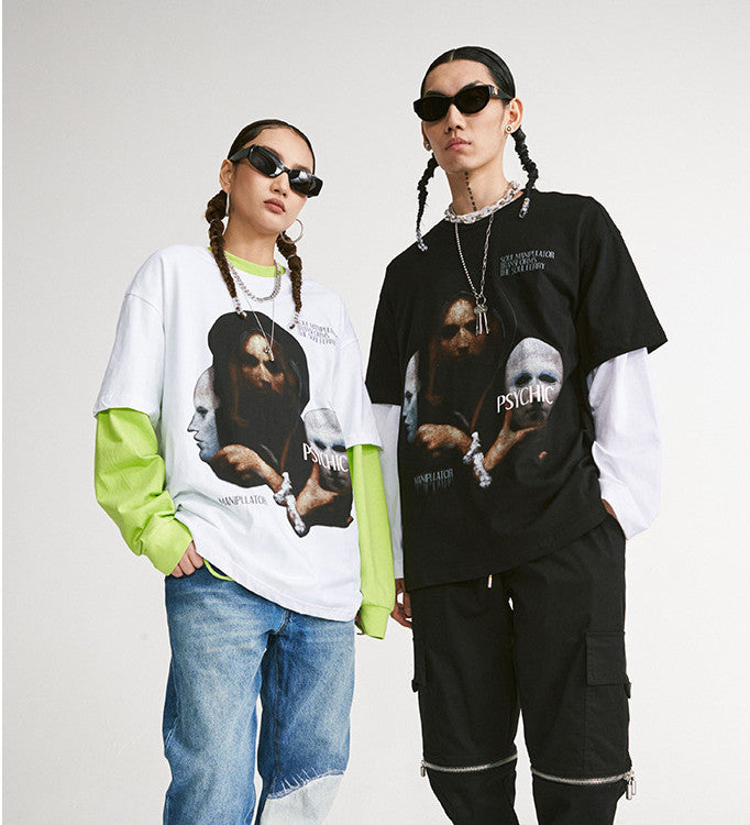 Personalized Dark Mask Print Top High Street Retro Lazy Style Short Sleeves