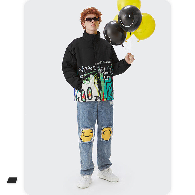 Loose And Graffiti Zipper Men Cotton Jacket